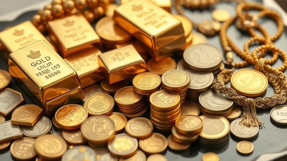 Ảnh mô tả vàng thỏi, vàng miếng, và trang sức.
