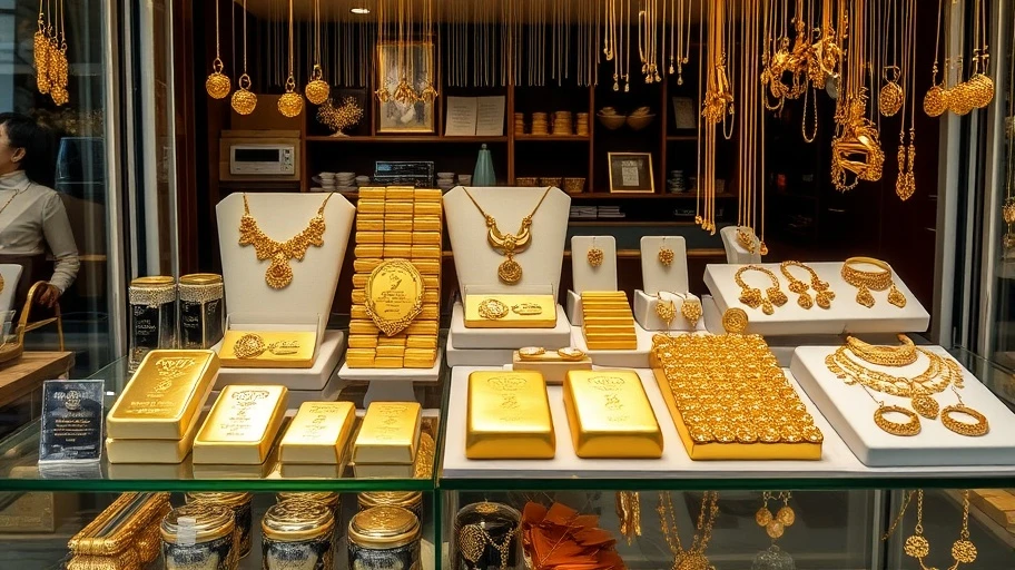 Ảnh vàng miếng và trang sức tại cửa hàng Hồ Chí Minh
