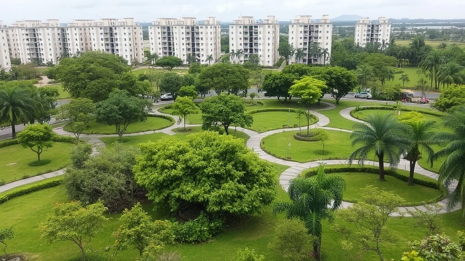 Cảnh quan khu vực Ecopark với mảng xanh và các tòa nhà phía sau.