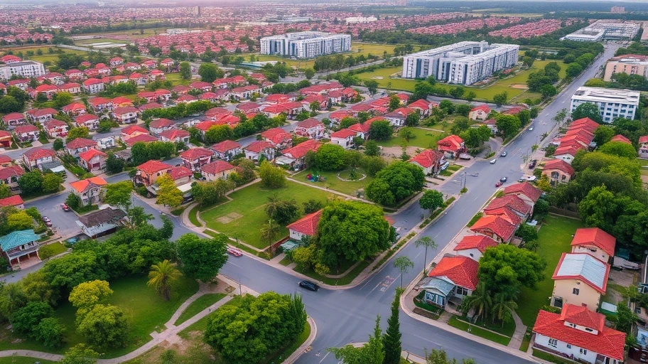 Cảnh quan ngoại ô Đà Nẵng với cây xanh và khu dân cư.