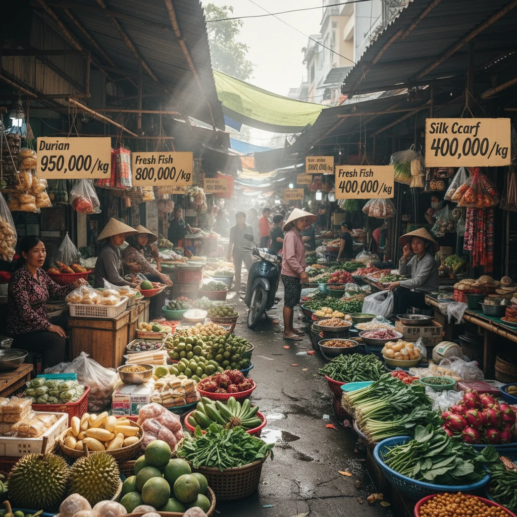 Chợ nhộn nhịp tại Việt Nam với giá hàng hóa cao.