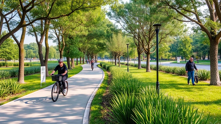 Con đường đạp xe và cảnh quan bền vững tại Ecopark.