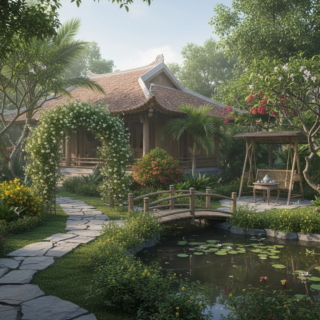 Hình ảnh nhà vườn Sóc Trăng với không gian xanh mát.