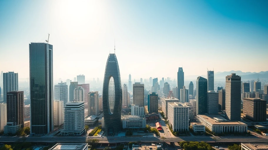 Hình ảnh thị trường bất động sản với cao ốc và trung tâm tài chính