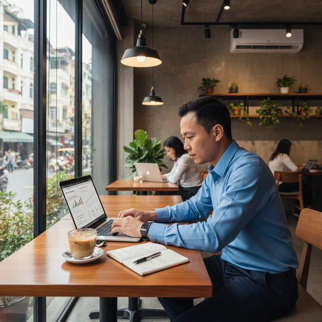 Nhà đầu tư đọc chiến lược đầu tư ở quán cafe