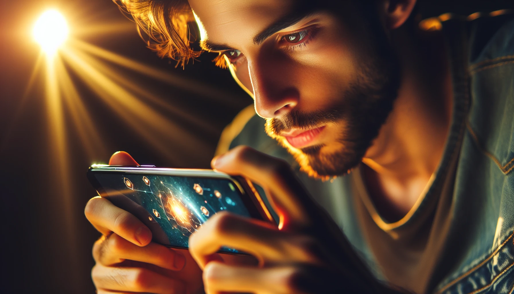 Player focusing smartphone game golden light